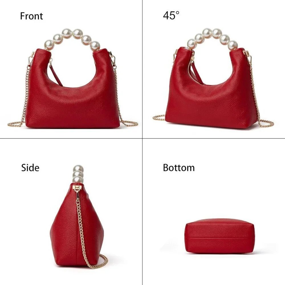 Small Designer Top Handle Clutch Bag for Women Crossbody Purse Red Pearl Tote